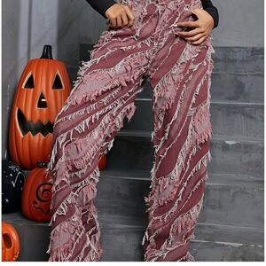 Ultra Distressed Fringe Wide Leg Jeans Women 14-16 Red Maroon Zip Button Pockets
